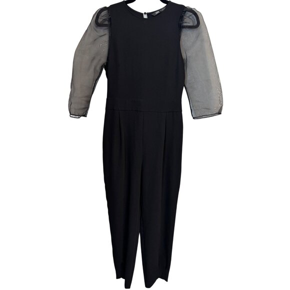 2/$30 ZARA Black Racy Jumpsuit Size 2 Sheer Puff Sleeves Open Back - Picture 1 of 16